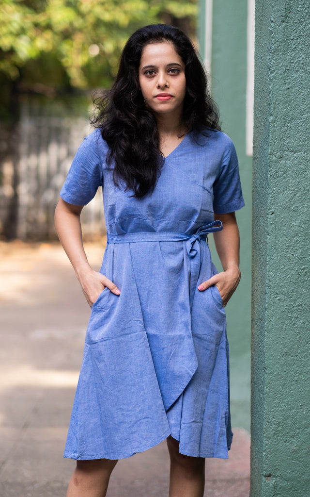 Blue Dress in Linen Lyocell fabric by Earthy Route, a sustainable clothing brand. The fabric is breatheable and summer friendly. This product has freeshipping.