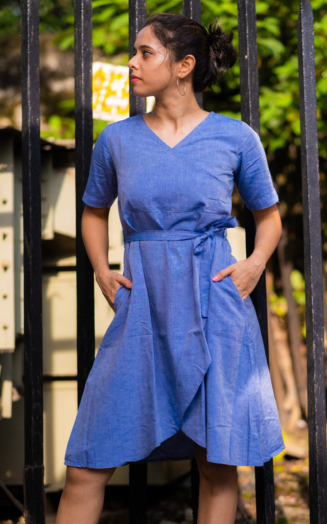 Blue Dress in Linen Lyocell fabric by Earthy Route, a sustainable clothing brand. The fabric is breatheable and summer friendly. This product has freeshipping.
