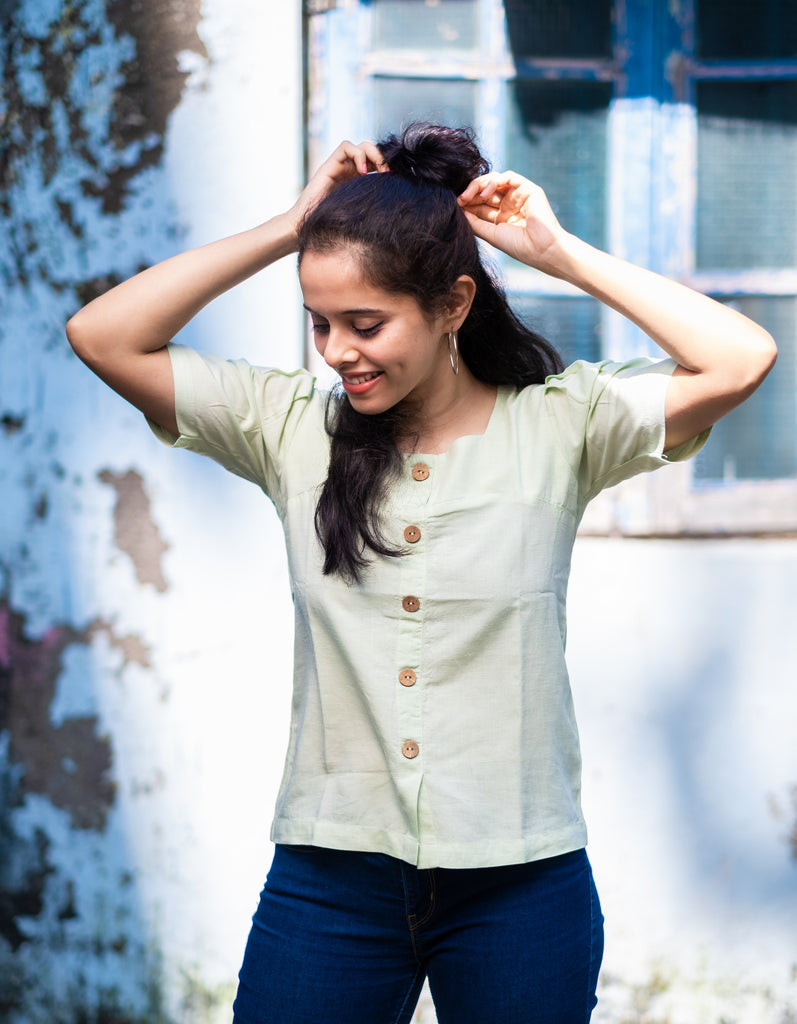 Light Green Top in Linen Lyocell fabric by Earthy Route, a sustainable clothing brand. The fabric is breatheable and summer friendly. This product has freeshipping.