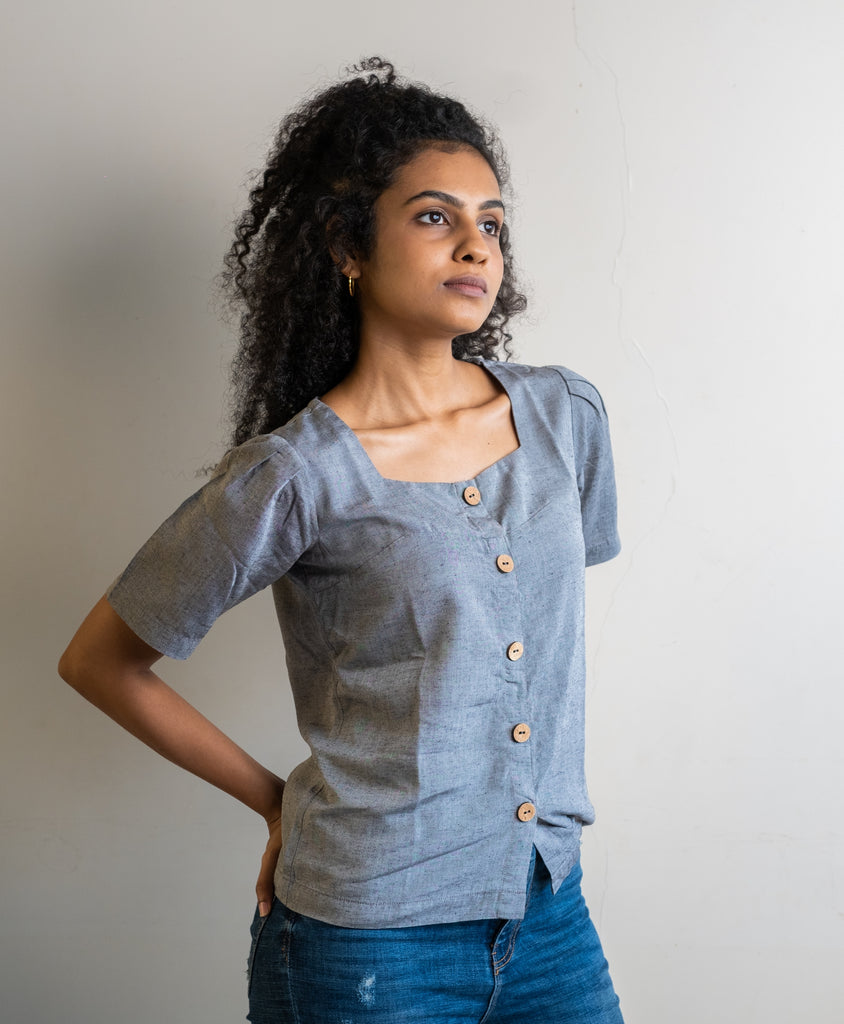 Grey Top in Linen Lyocell fabric by Earthy Route, a sustainable clothing brand. The fabric is breatheable and summer friendly. This product has freeshipping.