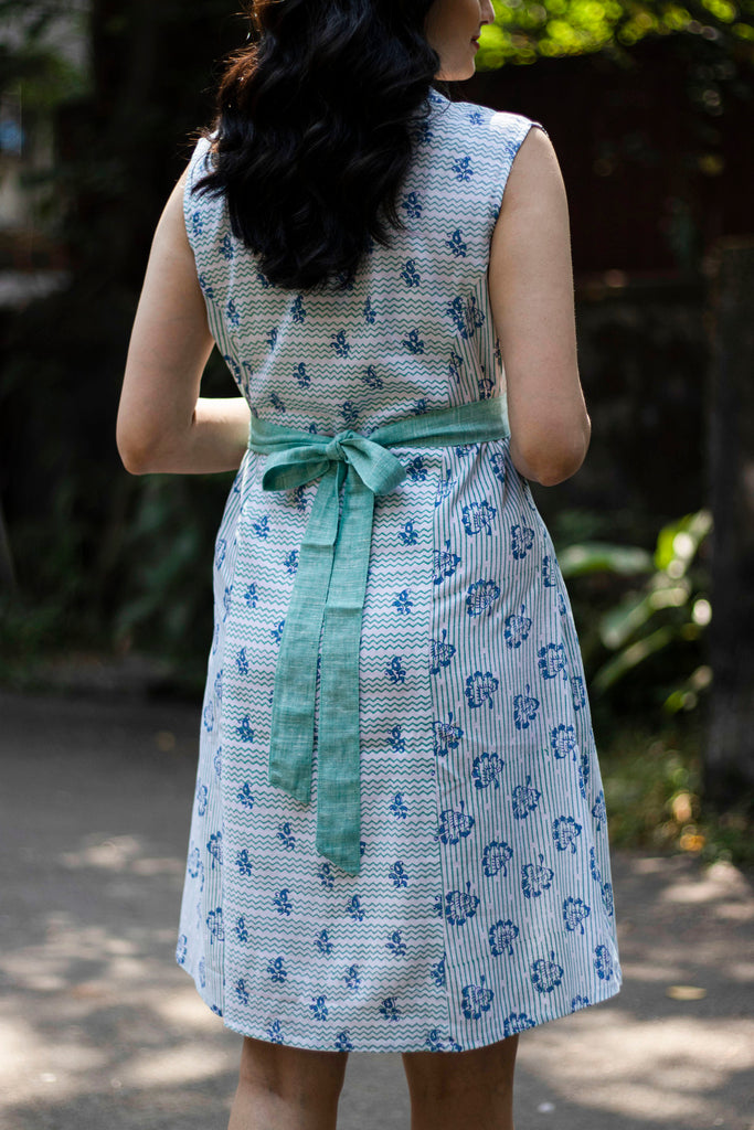Peacock Blue Floral Dress in Lyocell Linen