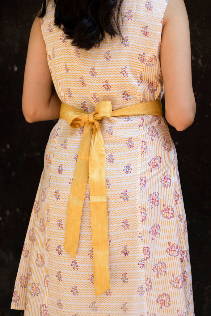 Yellow Marigold Floral Sleeveless Dress in Lyocell Linen
