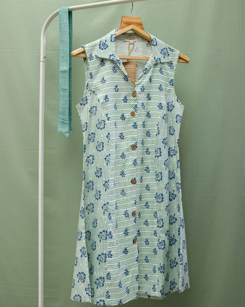 Peacock Blue Floral Dress in Lyocell Linen
